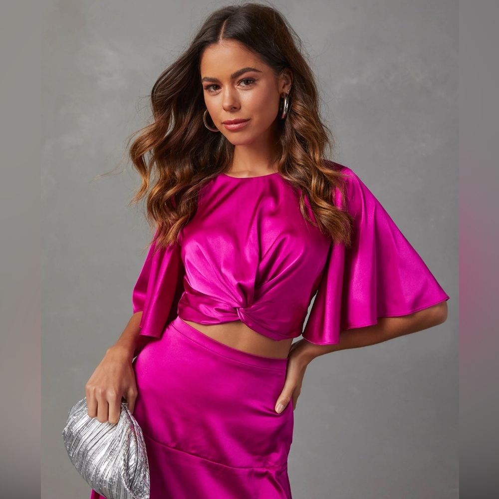 Pink Scoop Neck 3/4 Sleeve Crop Tie Front Blouse